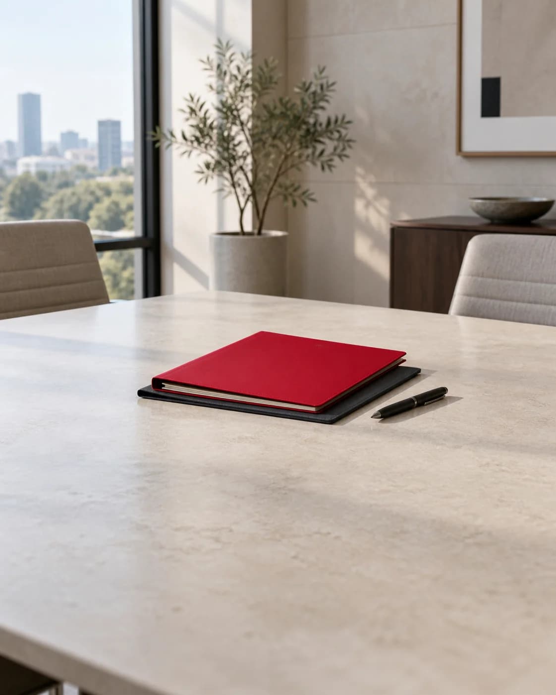 Illustrative photograph of a carmine red document folder on a charcoal folder, set back on a pale meeting table.