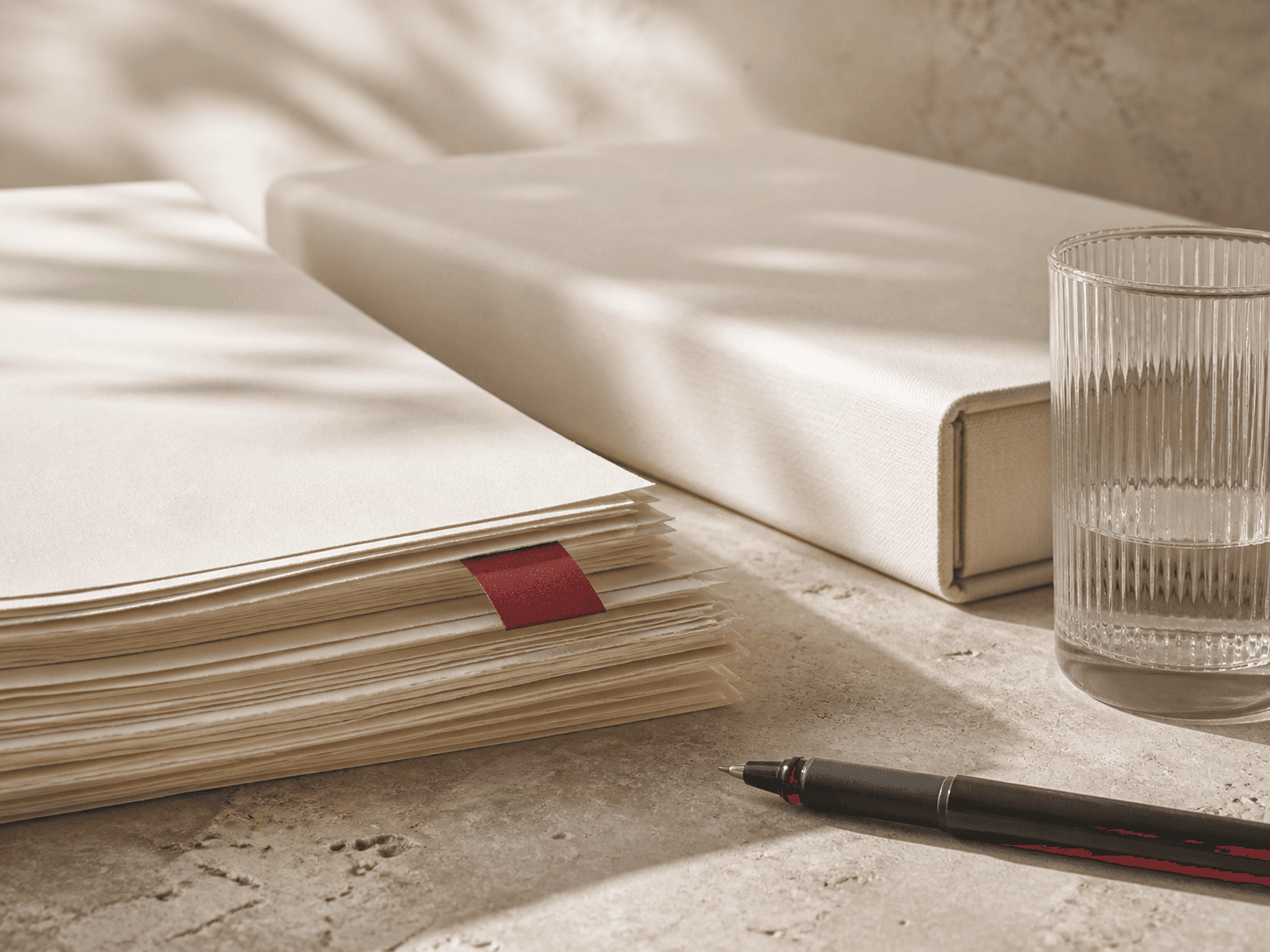 Ivory briefing papers, a portfolio, ribbed glass, and a carmine index tab.
