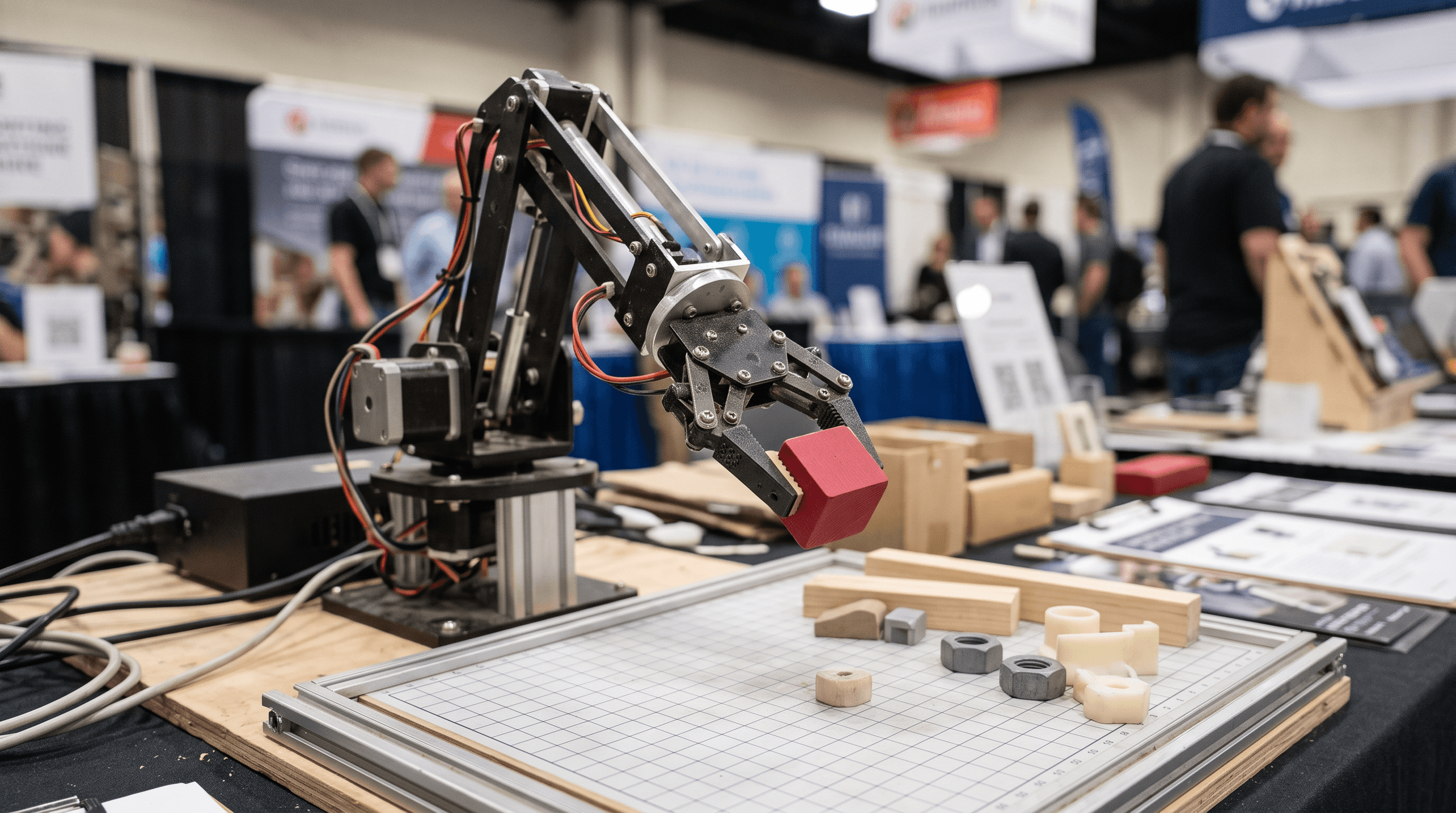 robot arm on a exhibition with a cube in its hand
