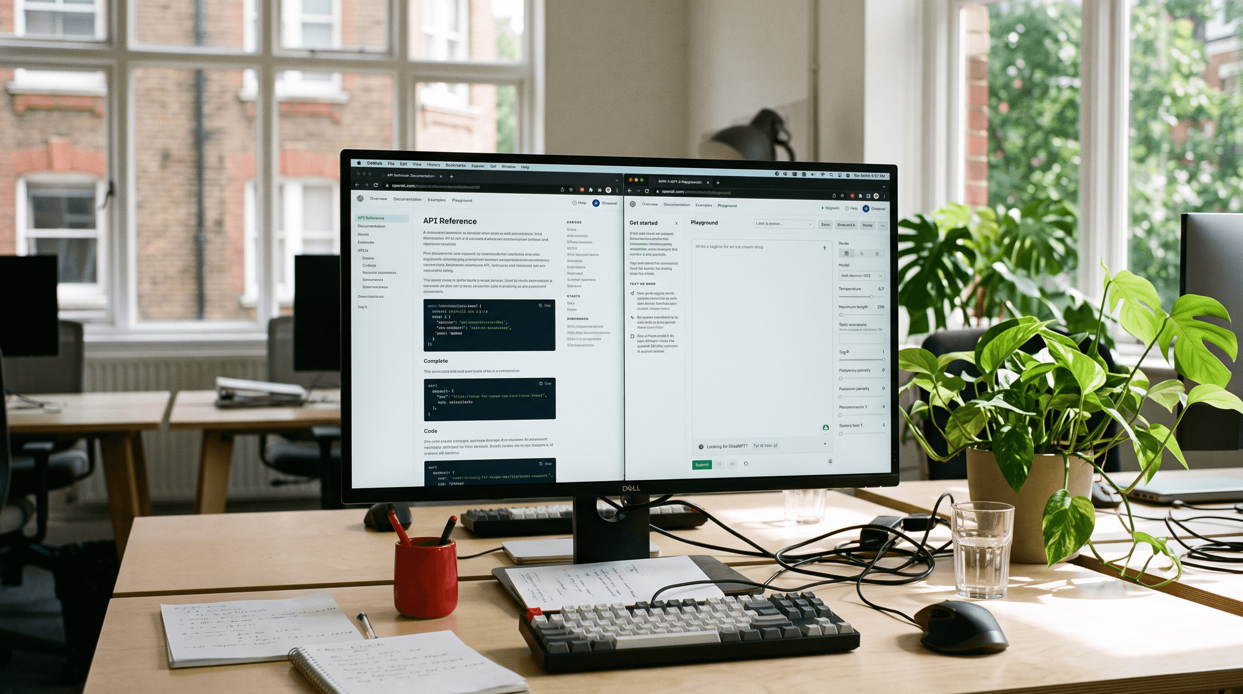 A screen in the office with open GPT-3 website and GPT-3 API Documentation