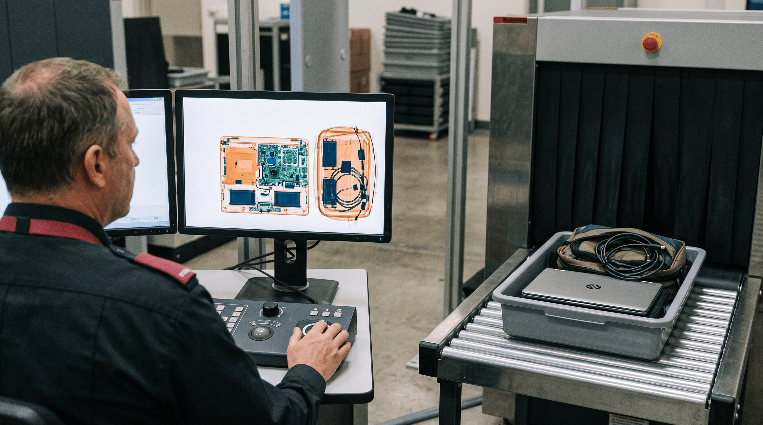 Security person checks on X-ray machine devices