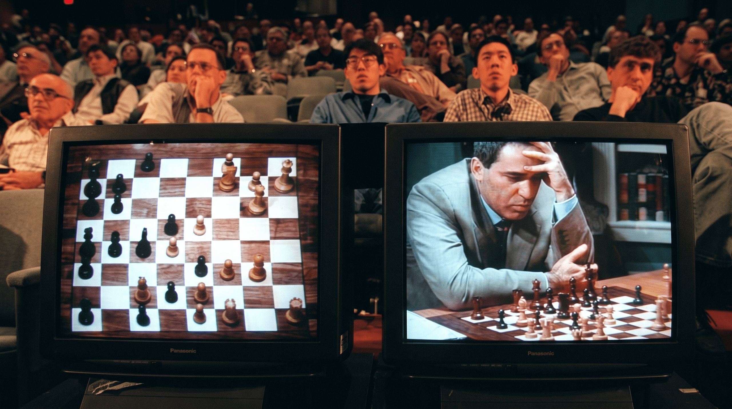 Two TV screens showing game between Deep Blue and Garry Kasparov