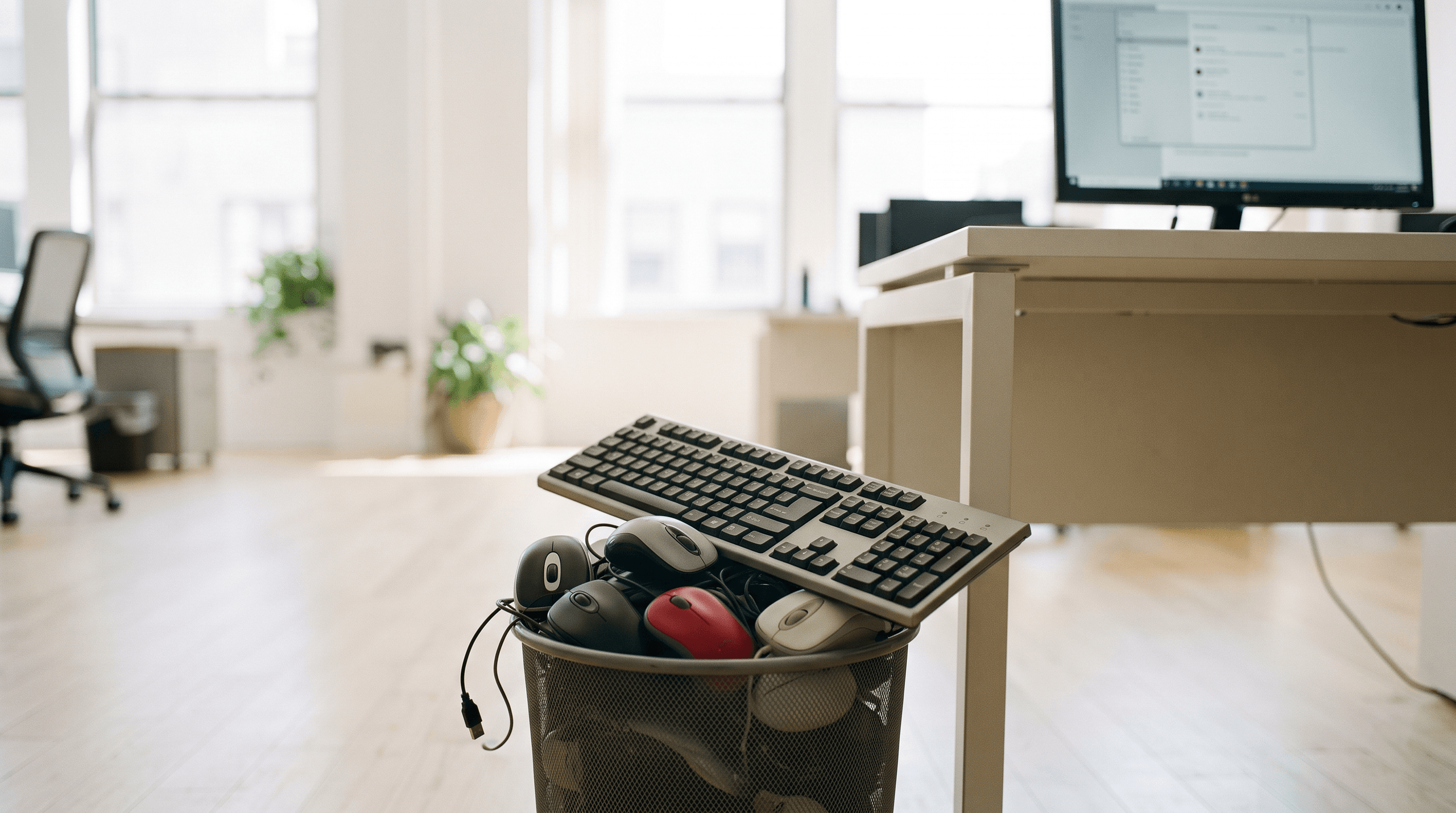 A wastebasket filled with computer mice and a keyboard beside an active computer, symbolising the shift from human control to autonomous AI agents.