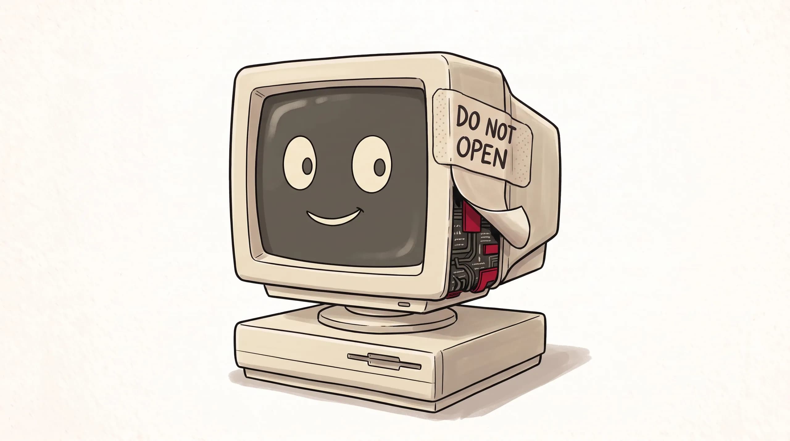 A smiling retro computer with a peeling "DO NOT OPEN" patch on its casing, revealing tangled red circuitry hidden inside.