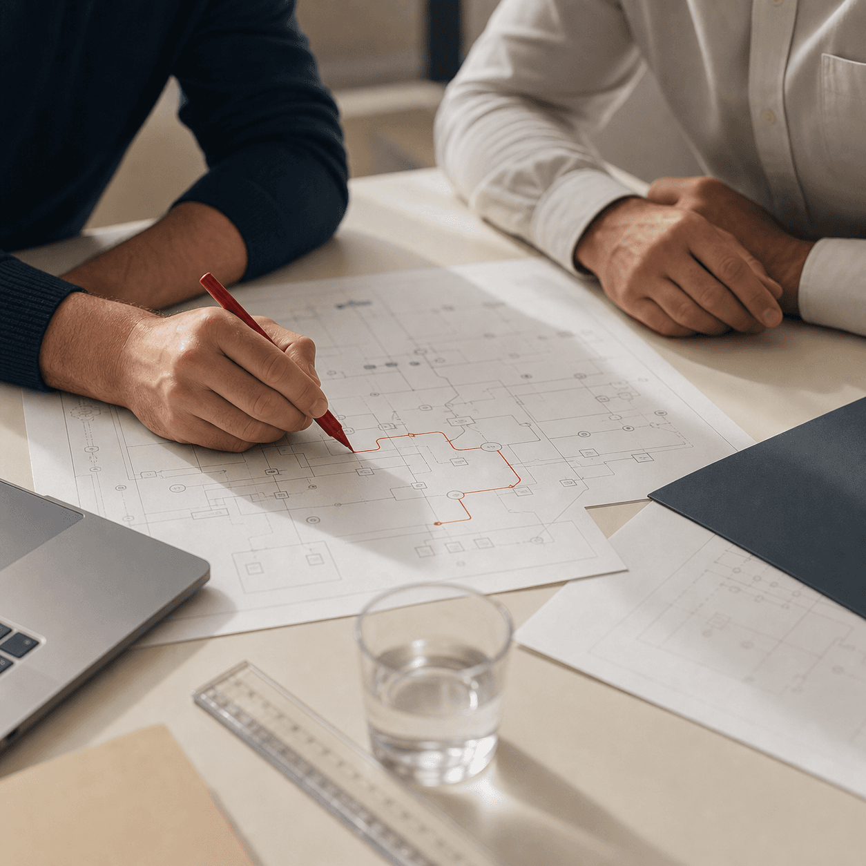 A consultant and client reviewing a security architecture diagram