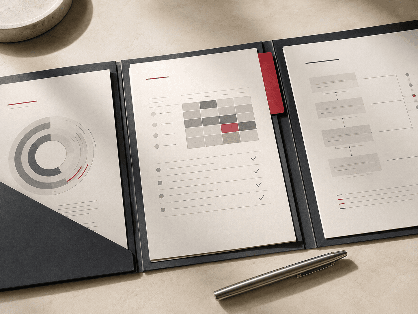 Illustration of a document folder with a prioritisation table, control diagram and review notes.