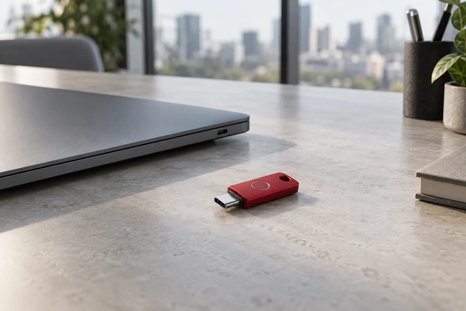 Illustrative photograph of a red hardware security key beside a graphite laptop on a light desk.