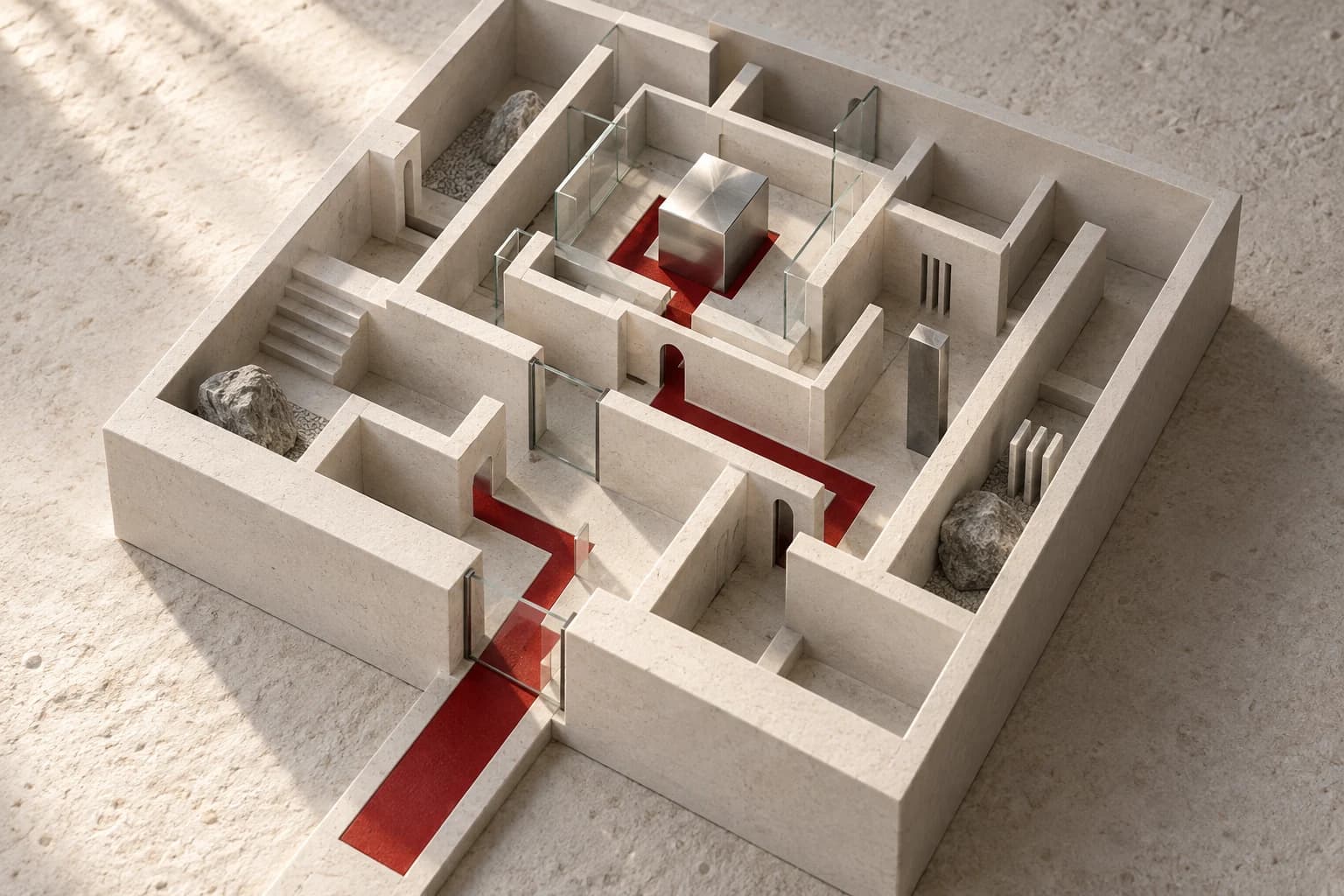 Conceptual architectural model: a carmine path threads through ivory walls and glass partitions to a metal core.