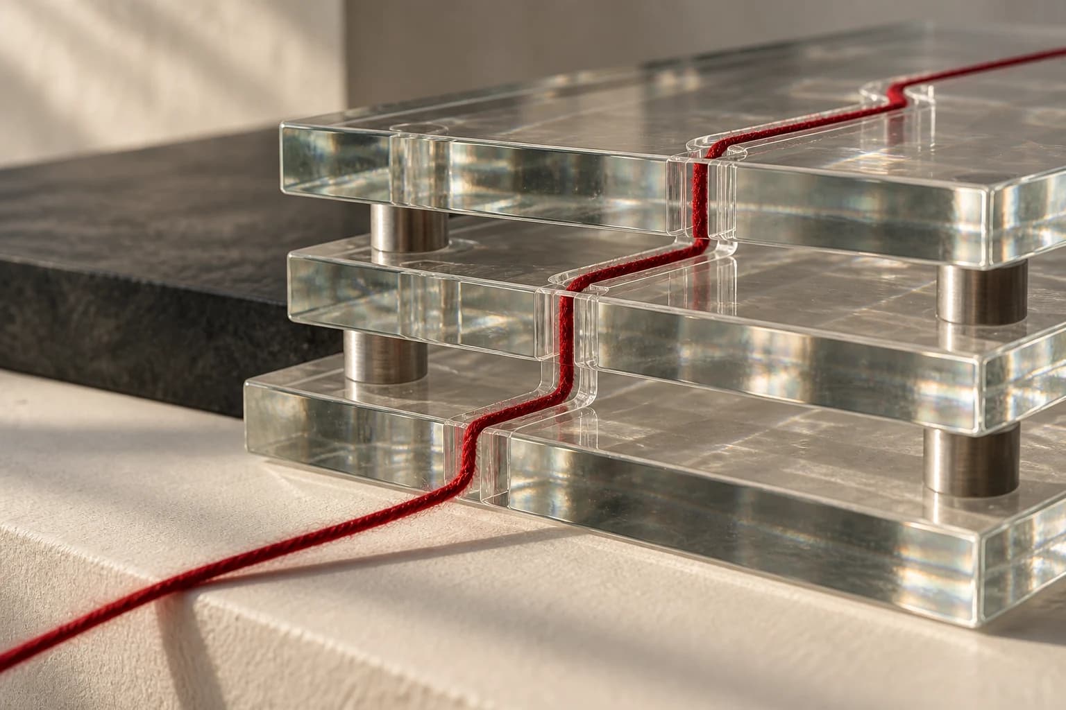 Conceptual detail of a red thread revealing a continuous route through stacked glass layers.
