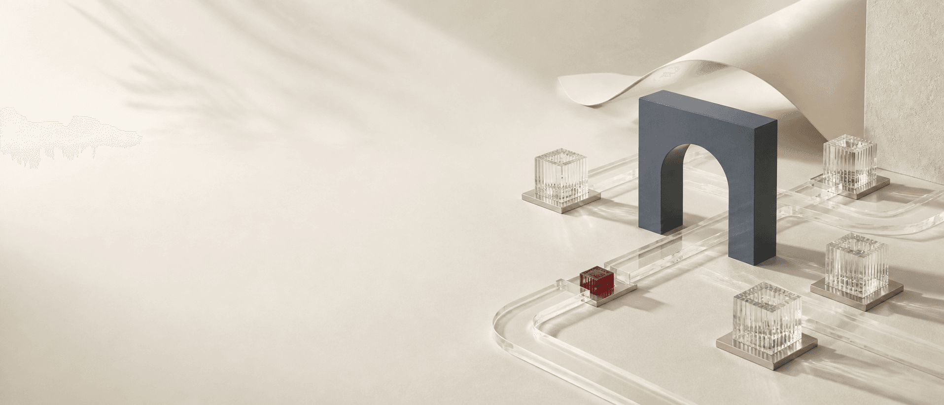 Clear channels connecting glass nodes through a graphite arch and red checkpoint