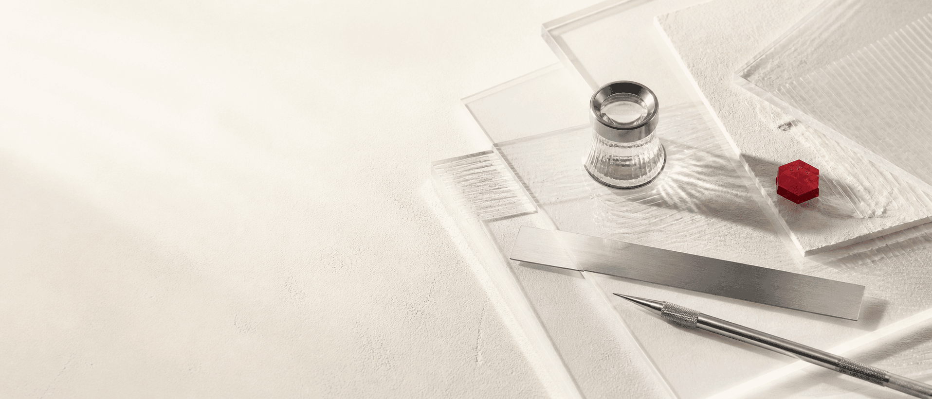 Layered acrylic sheets, an inspection lens, a metal ruler, and a red finding marker