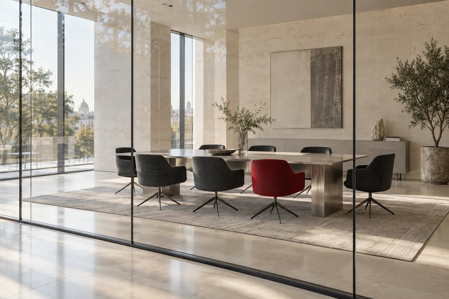 Illustration of a glass-walled meeting room with one red chair, representing visibility into the workplace.