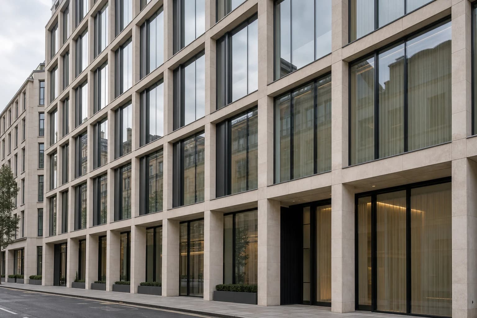 Conceptual architectural image of a contemporary office facade, with consistent stone frames and reflective windows.