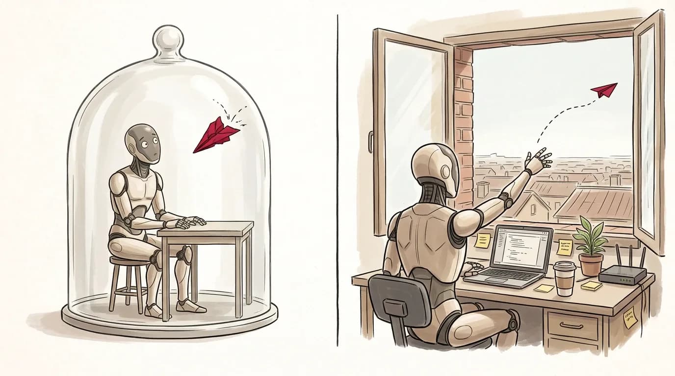 Two panels: a robot under a glass bell jar throws a red paper plane that hits the glass, and the same robot at a home laptop throws its red paper plane out of an open window over the rooftops