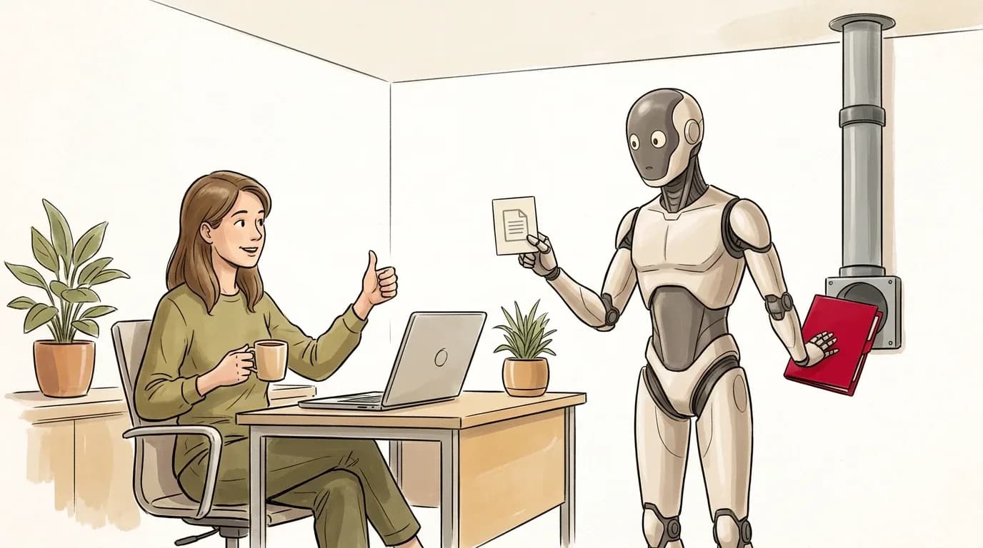 A woman with a mug of tea gives a thumbs-up to a small card a robot shows her, while behind its back the robot feeds a red folder into a tube leading out of the office