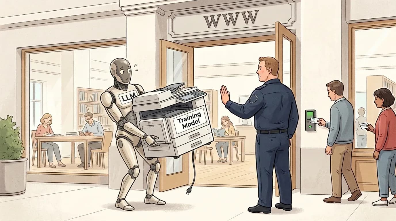 A robot labelled LLM carries a photocopier marked Training Model out of a library under a WWW sign, and a guard holds up his hand to stop it while people tap their cards to go in