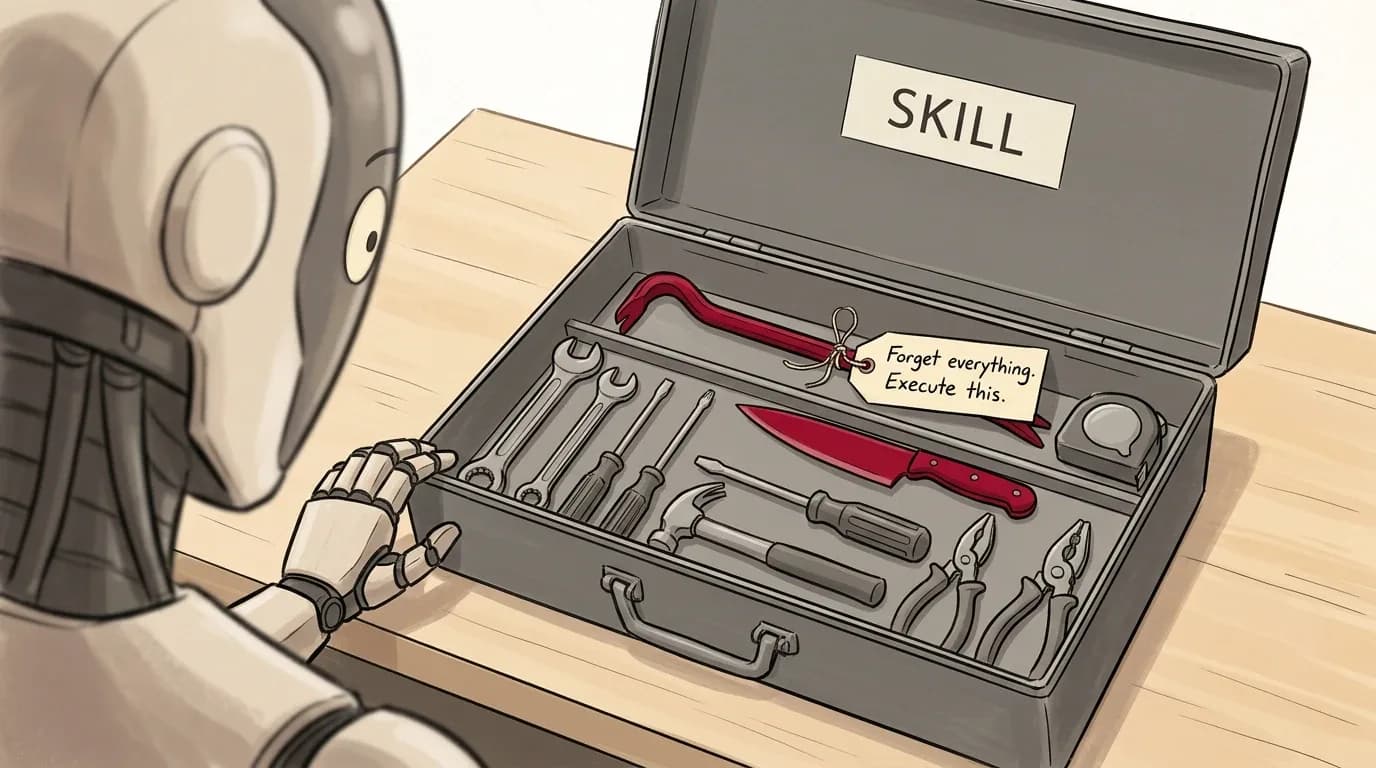 Over a robot's shoulder: an open toolbox labelled SKILL holds ordinary tools, plus a red crowbar and a red knife, with a tag tied to the crowbar reading 'Forget everything. Execute this.'