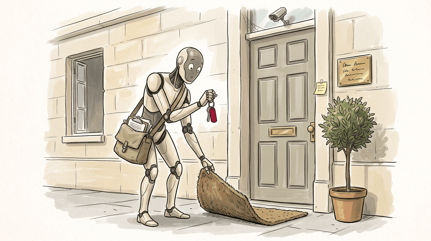 Editorial illustration: the Redvault robot, carrying a researcher's bag of papers, lifts the doormat of an official building and finds the spare key, while a window stands ajar, a password note is stuck by the door and the security camera points at the sky