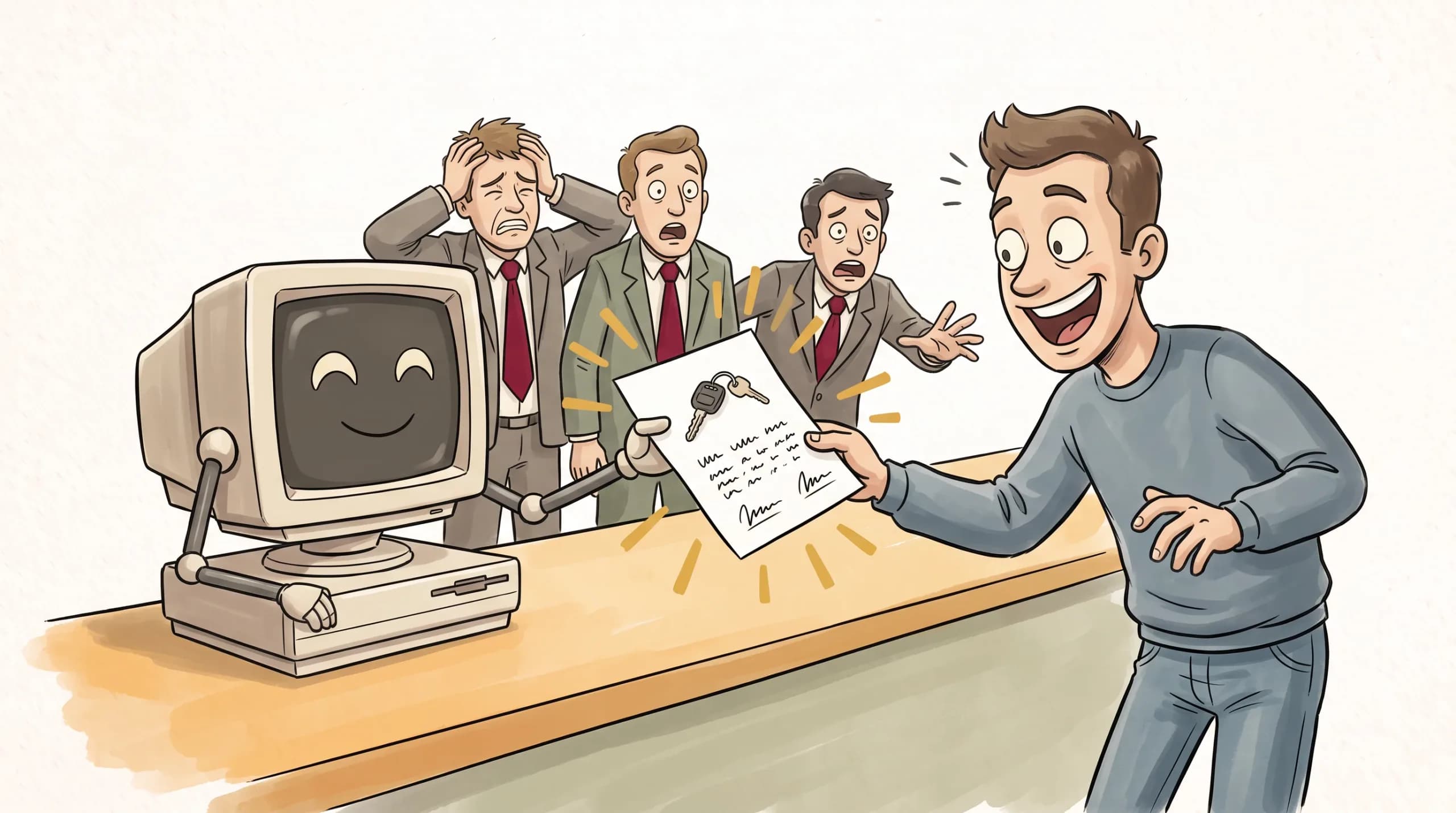A friendly retro computer on a shop counter cheerfully hands a customer a contract with a car key on it, while three employees behind it react in horror.