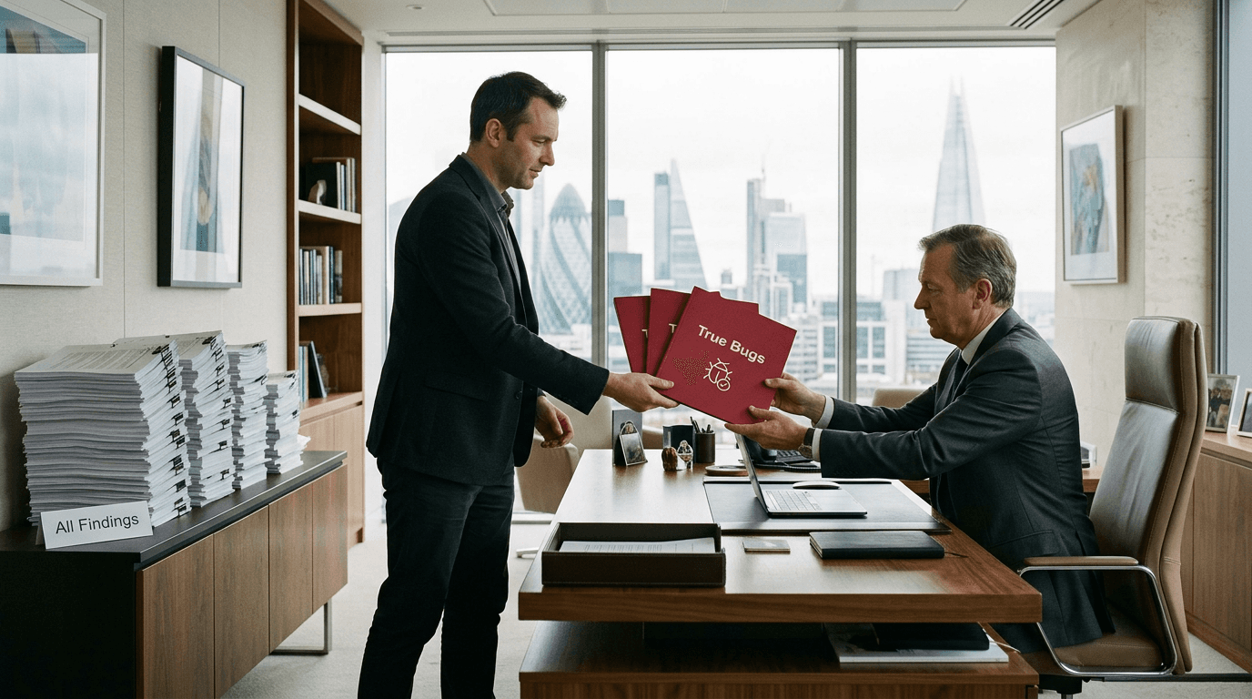 A pentester passing folders with true bugs to CEO of a tomapny