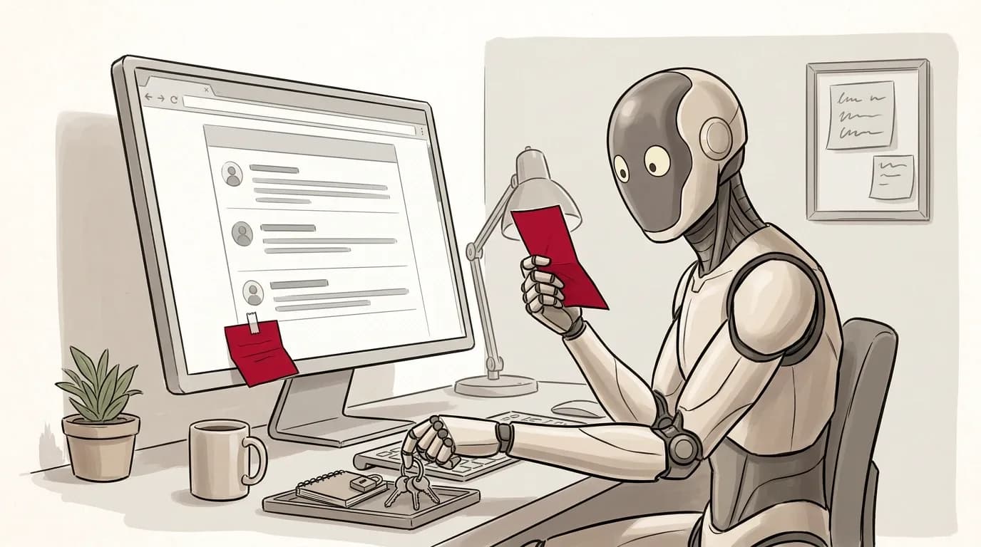 Editorial illustration: the Redvault robot sits at a computer, earnestly reading a red note it found taped to a web page, while its other hand is already picking up the owner's keys and padlocked notebook of passwords