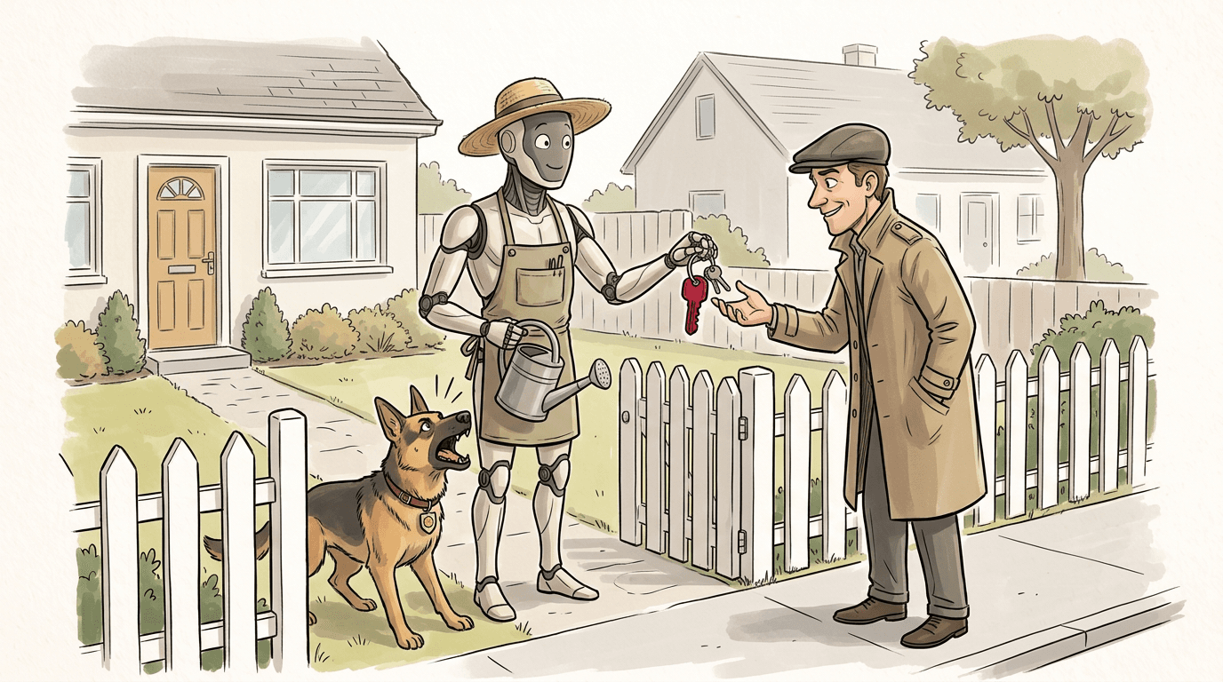 Editorial illustration: the Redvault robot, dressed as a gardener, cheerfully hands the house keys over the gate to a smiling stranger while the guard dog at its feet barks at the same man