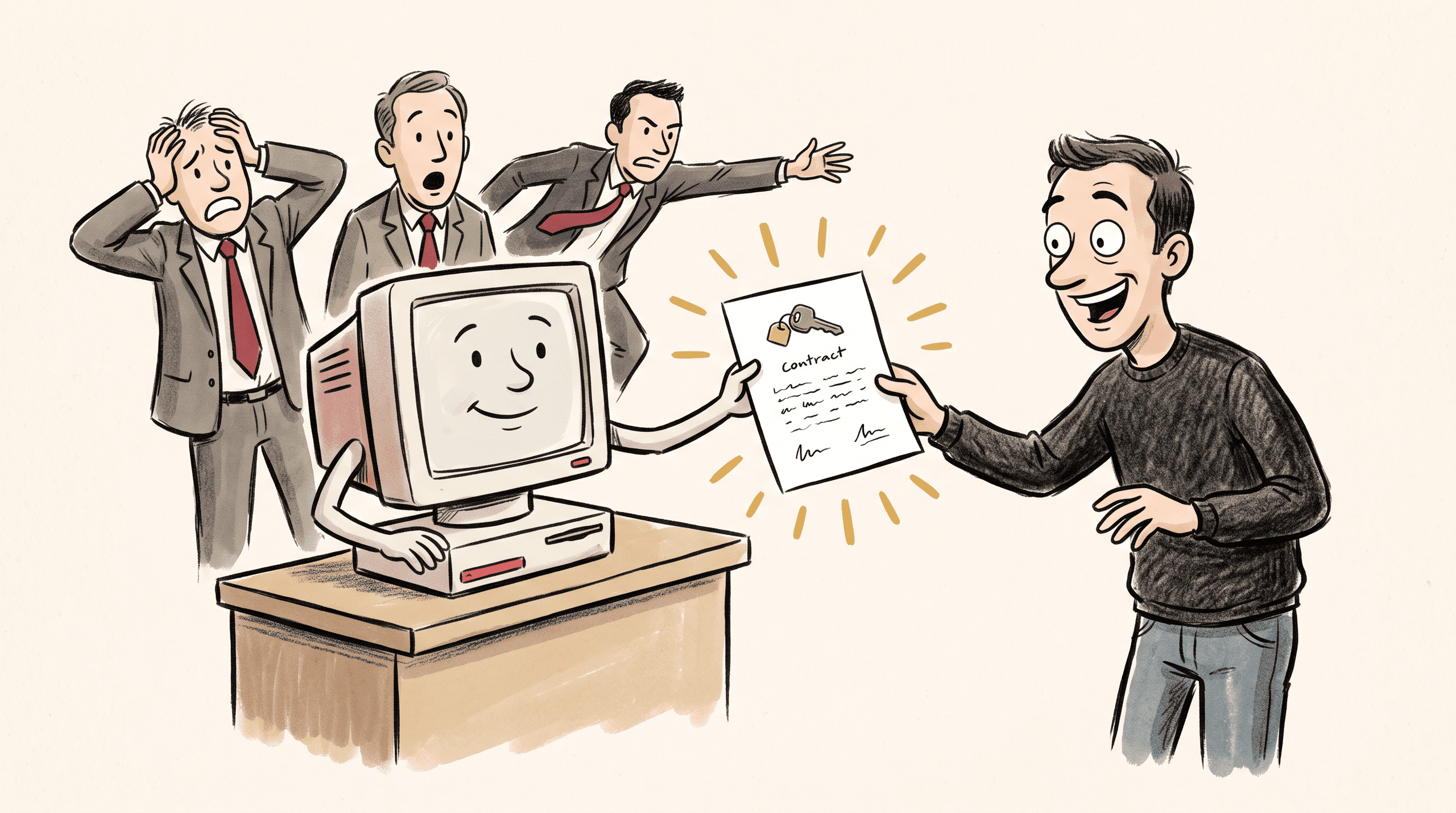 A computer gives a user valuable document while people from the company that owns the machine are panicing