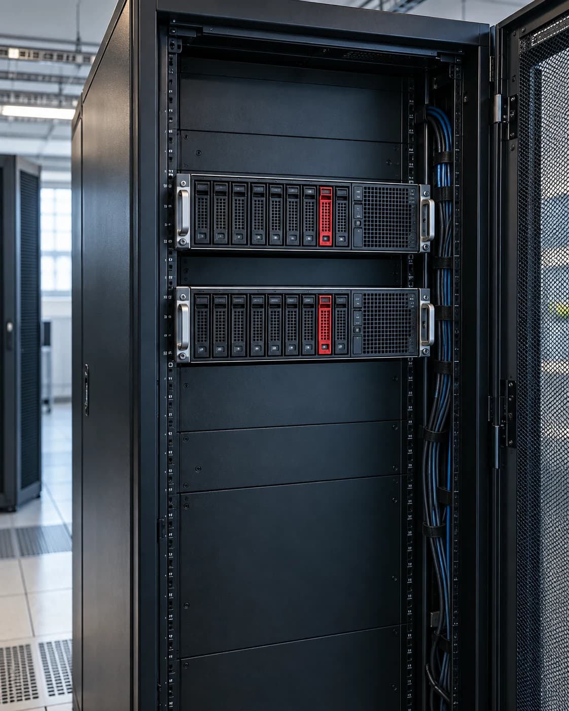 Illustrative server cabinet with graphite equipment and carmine drive caddies, representing business recovery infrastructure.