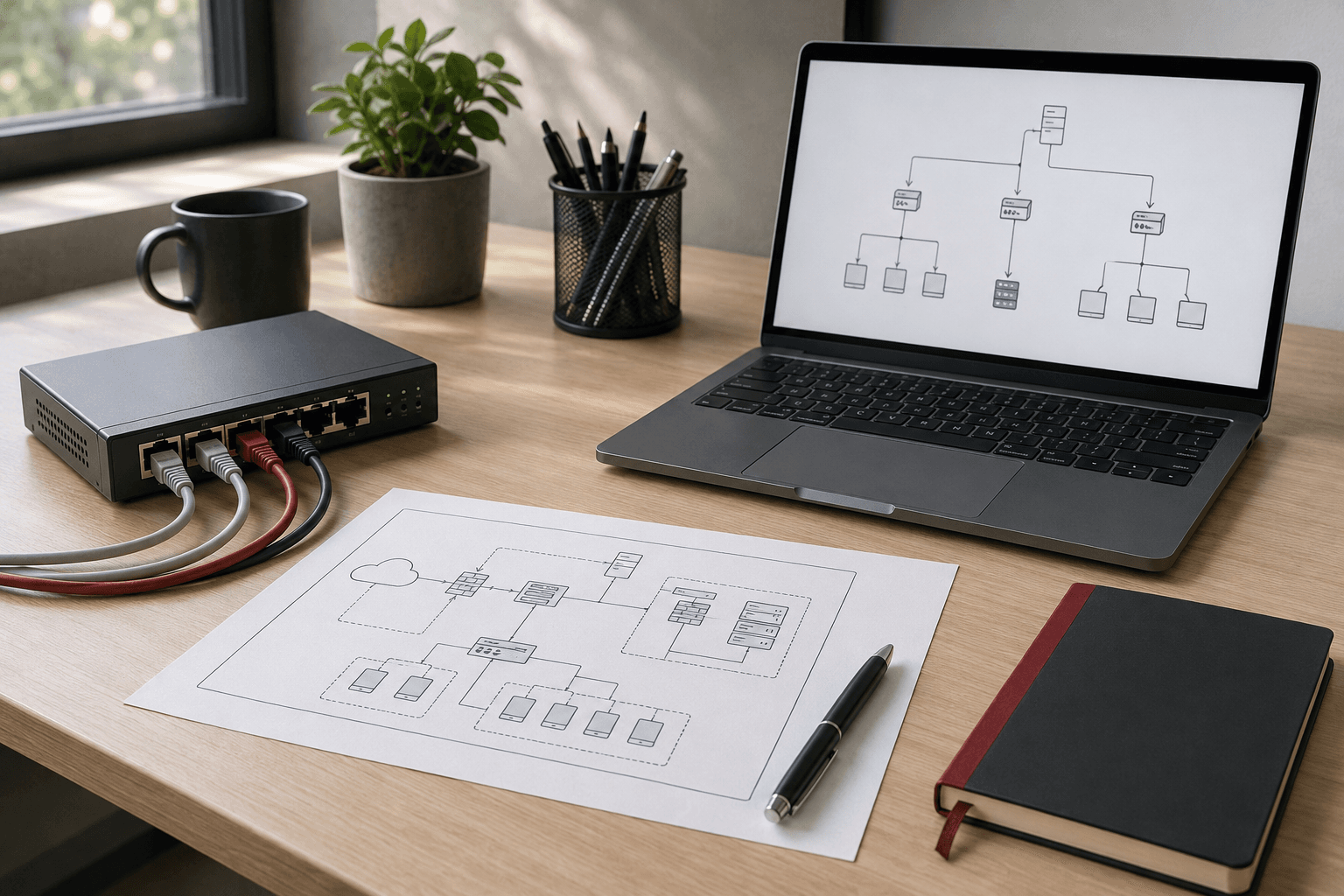 Illustrative security workbench with a laptop, network switch and system architecture drawings.